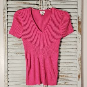 WORTHINGTON Y2K V Neck Sweater L Pink Ribbed Silk Blend Elena Gilbert Bella Swan